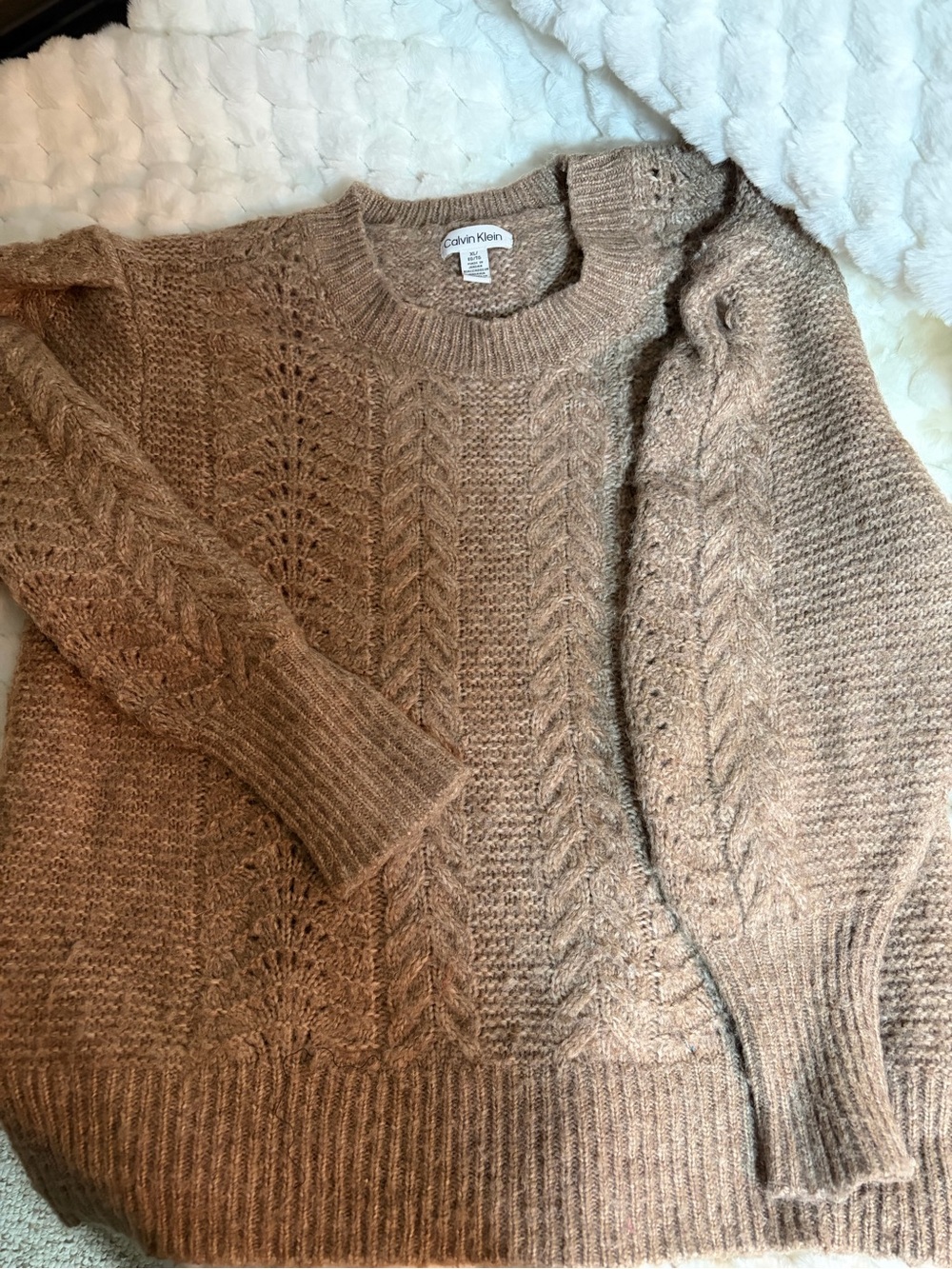 Calvin Klein Women's Taupe Cable Knit Crewneck Sweater